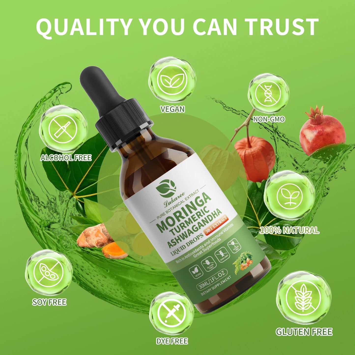 Bottle of Moringa Turmeric Ashwagandha supplement with green background and quality certification icons.