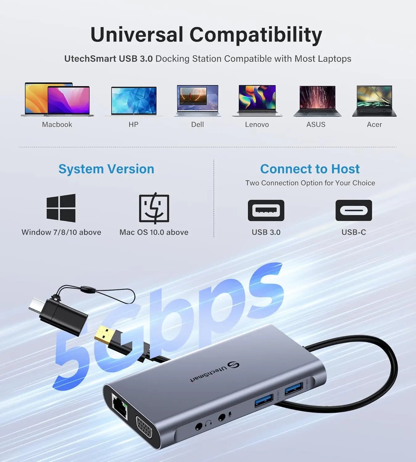 UtechSmart USB 3.0 docking station with compatibility features on a white background