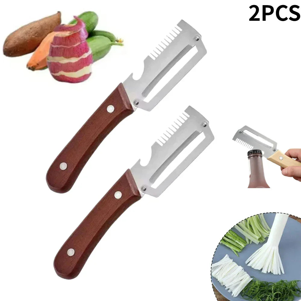 3-in-1 Multifunction Kitchen Peeler, Wooden Handle Stainless Steel Serrated Knife, Vegetable Fruit Peeler Shredder Bottle Opener Peaceful Pleasures Health and Wellness 2 X Brown handle