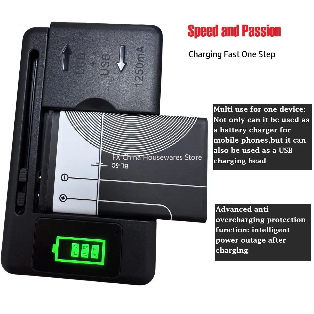 Universal LCD Battery Charger with USB Port, 32-55mm Adjustable, For Cell Phone & Camera Batteries, US/UK/EU Plug Peaceful Pleasures Health and Wellness