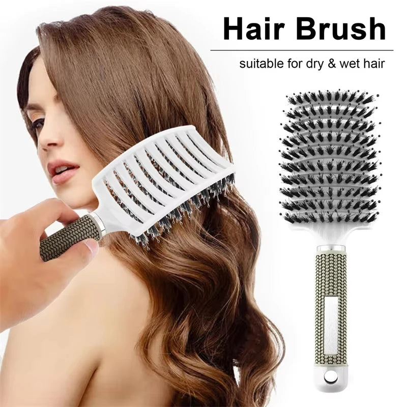 Women's Boar Bristle Hair Brush Scalp Massage Comb Wet Curly Detangle Nylon Hairdressing Styling Tool for Salon Hair Brush Peaceful Pleasures Health and Wellness