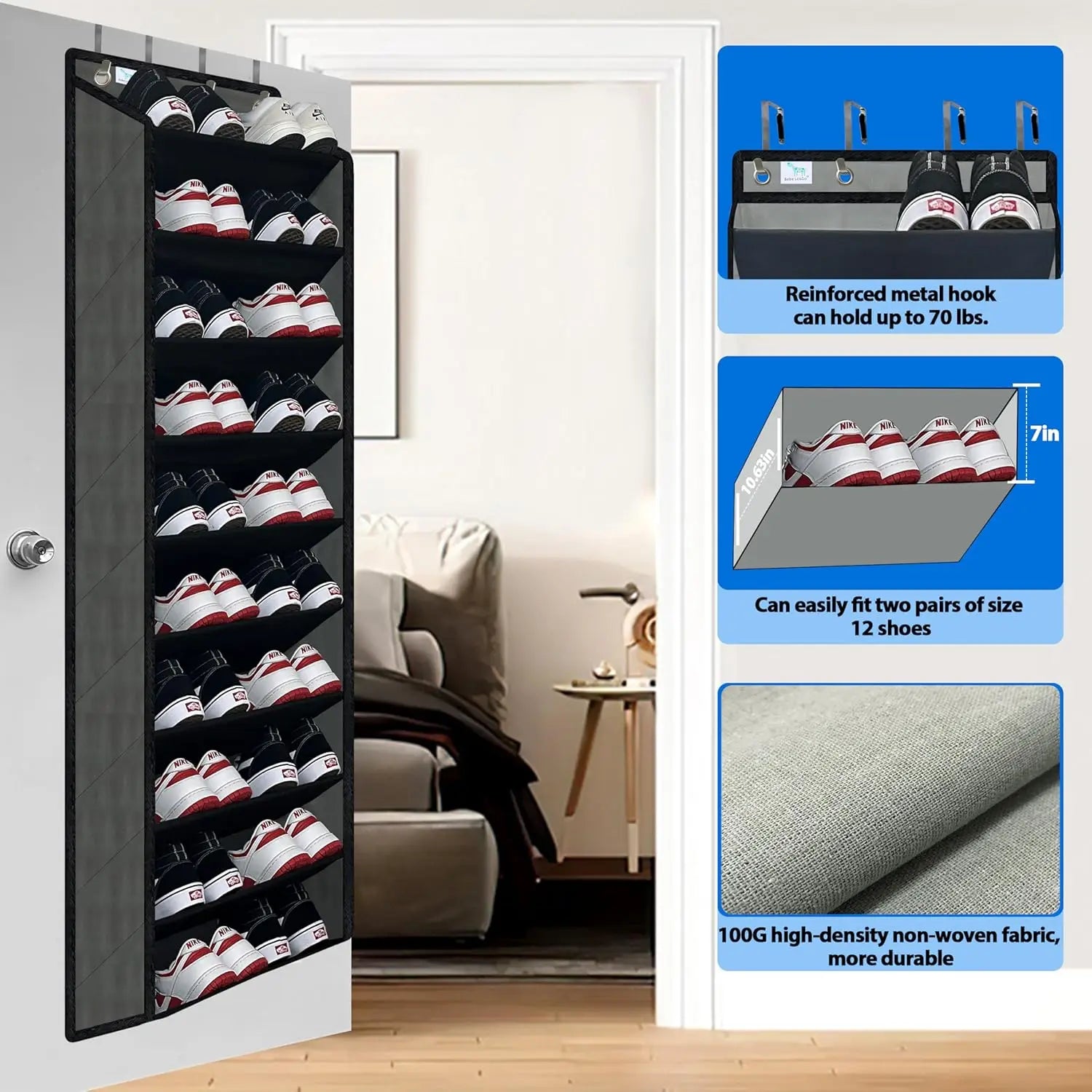 Vertical shoe rack mounted on a door with shoe display and product features highlighted.