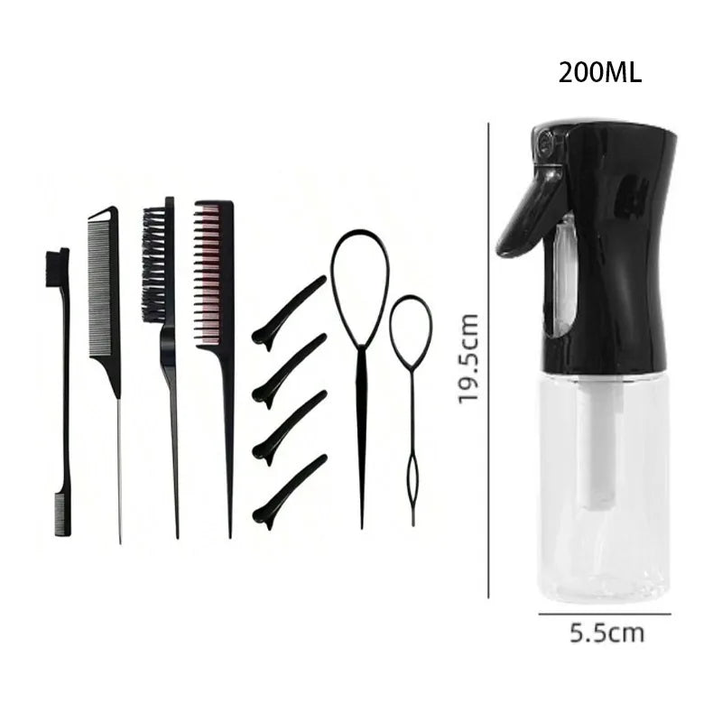 11pcs/Set Hair Brush Set Hairdressing Spray Bottle Hair Braiding Loop Rat Tail Comb Teasing Hair Brsuh Edge Control Styling Set Peaceful Pleasures Health and Wellness Black
