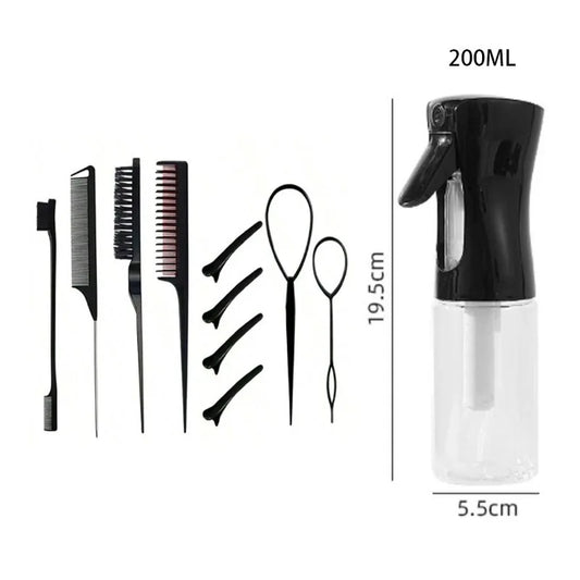 11pcs/Set Hair Brush Set Hairdressing Spray Bottle Hair Braiding Loop Rat Tail Comb Teasing Hair Brsuh Edge Control Styling Set Peaceful Pleasures Health and Wellness Black