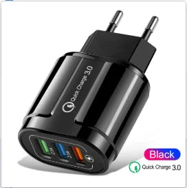 18W 3 Ports USB Charger Quick Charge 3.0 Charger Adapter EU US Plug for iPhone Samsung Xiaomi Huawei Multi Port Phone Charger Peaceful Pleasures Health and Wellness EU Black
