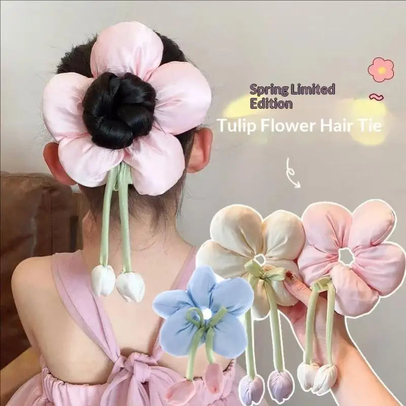 Candy Color Flower Scrunchie – Soft Fabric Hair Tie for Women