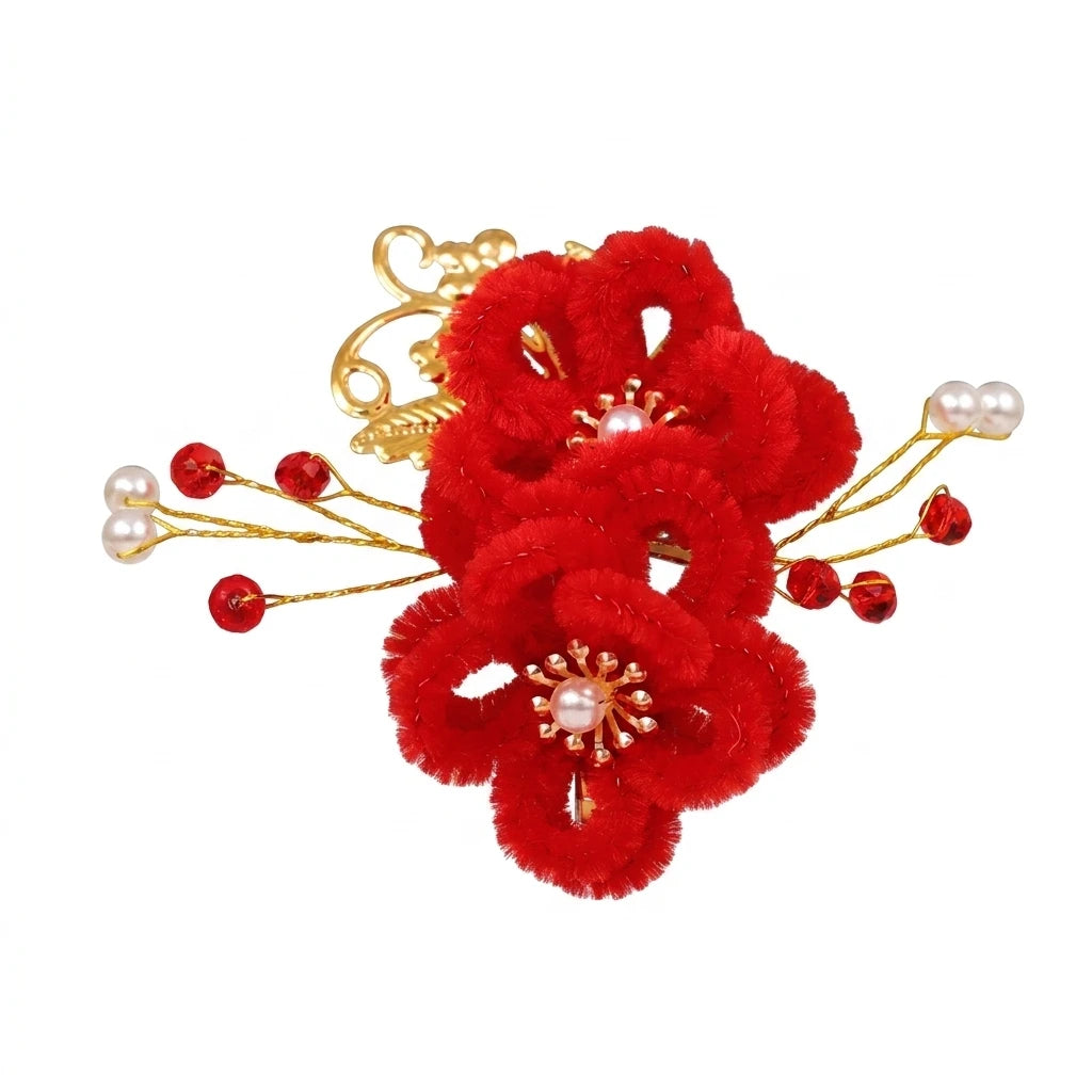 Vintage Red Flower Hair Comb for Chinese Wedding Bridal Headdress with Artificial Fur and ABS Plastic Peaceful Pleasures Health and Wellness Fs348