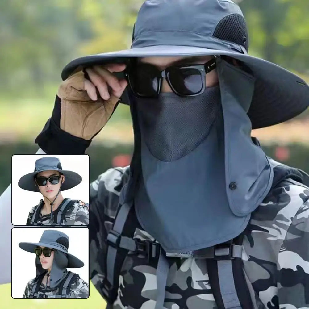 Men Fishing Cooling Sun Hat Mask Summer Big Brim Anti-ultraviolet Travel Mountaineering Outdoor Sunshade Sunscreen Fisherman Hat Peaceful Pleasures Health and Wellness