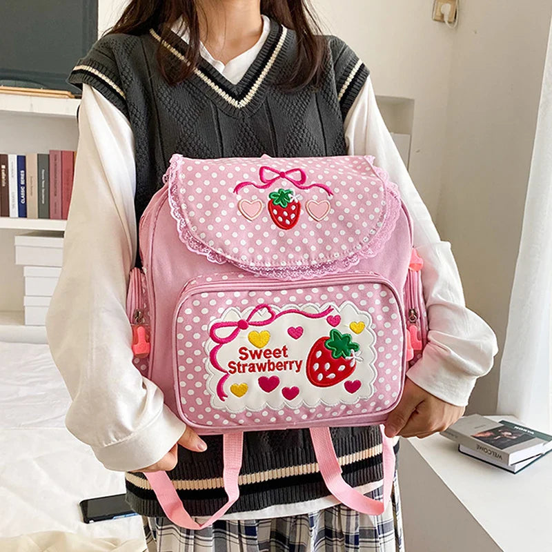Girls Pink Strawberry Embroidery Canvas Backpack | Kids School Bag