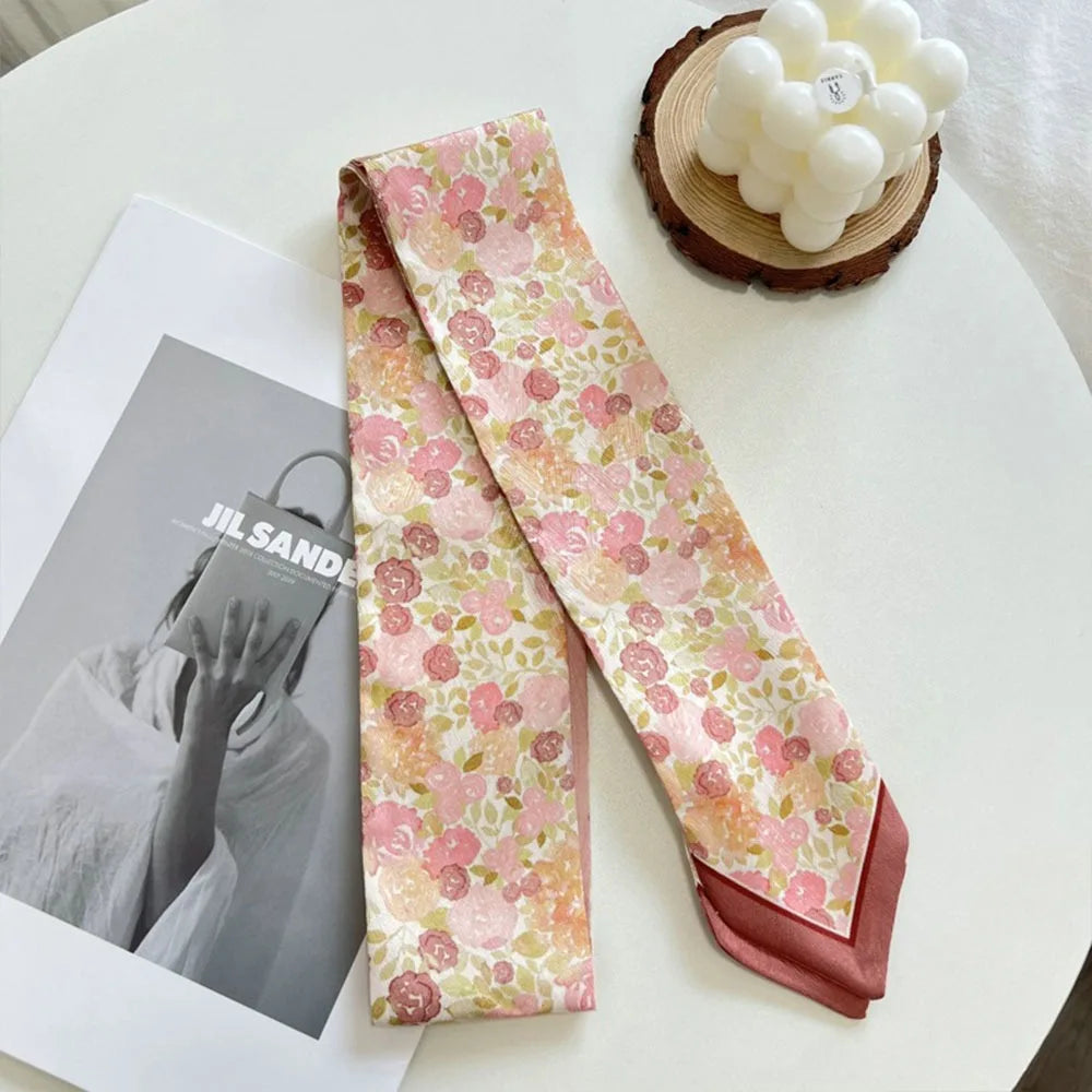 Floral Satin Ribbon Scarf – Long Thin Hair & Bag Accessory