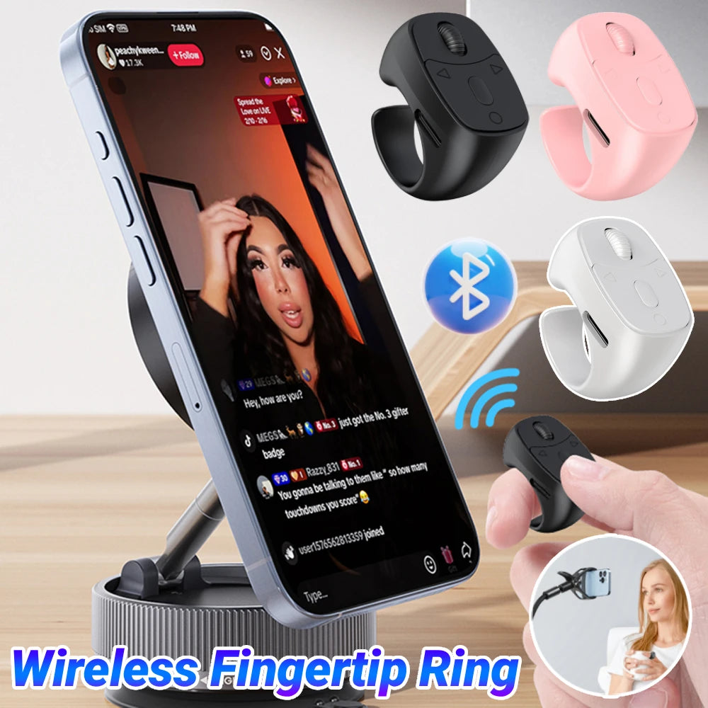 Bluetooth 5.3 Fingertip Ring Remote – Page Turner & Selfie