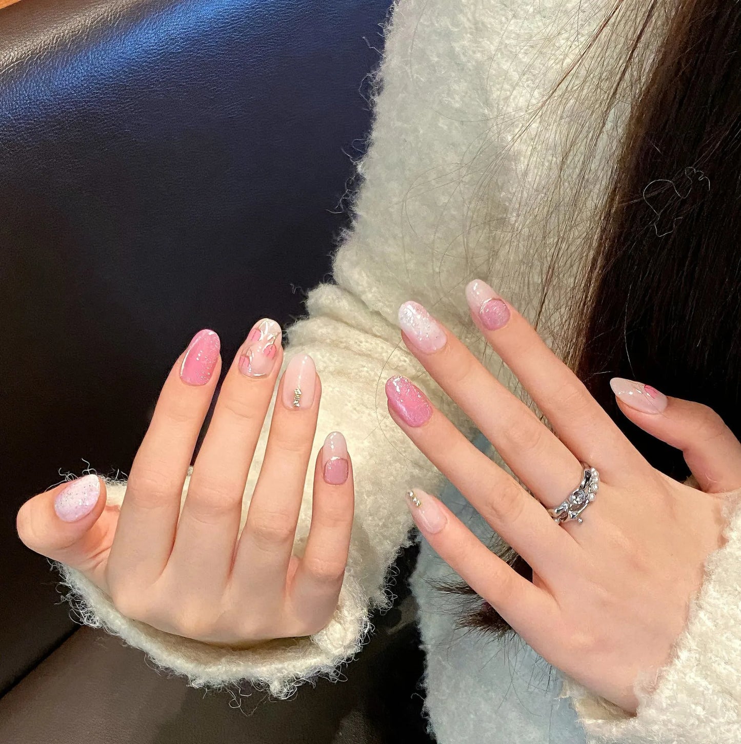 Handmade Pink Rose Press-On Nails | Short Round False Nails