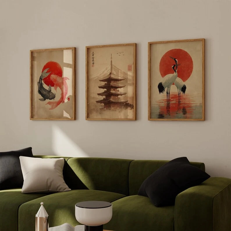 3-Piece Japanese Koi Fish Pagoda Crane Canvas Wall Art Print