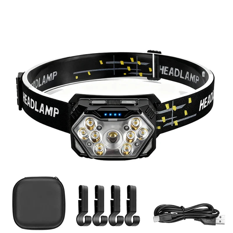 9 LED USB-C Rechargeable Headlamp | Motion Sensor & 6 Modes