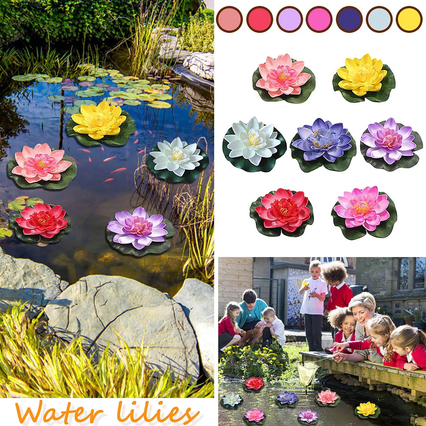 7pcs Simulation Lotus Artificial Water Lily Floating Flower Pond Rose Water Lily Indoor Outdoor Garden Decorations Peaceful Pleasures Health and Wellness