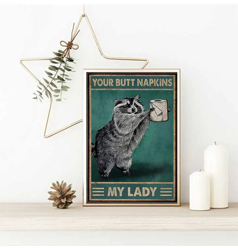 Funny Raccoon Butt Napkins Canvas Poster | Bathroom Wall Art Canvas Poster Print Peaceful Pleasures Health and Wellness
