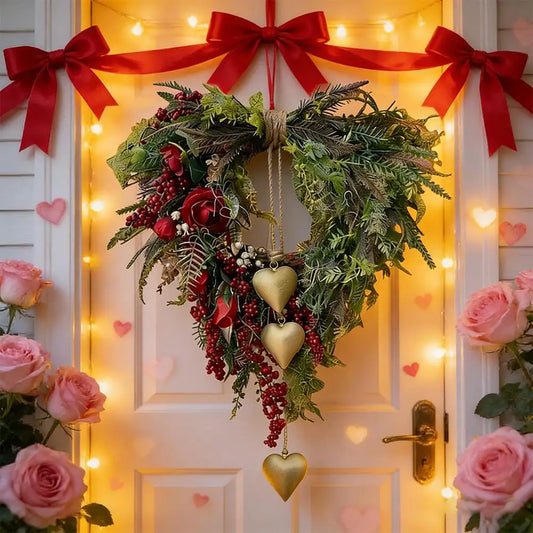 Festive Rattan Wreath with Berries & Hearts | Holiday Wall Decor Decorative Wreath Peaceful Pleasures Health and Wellness