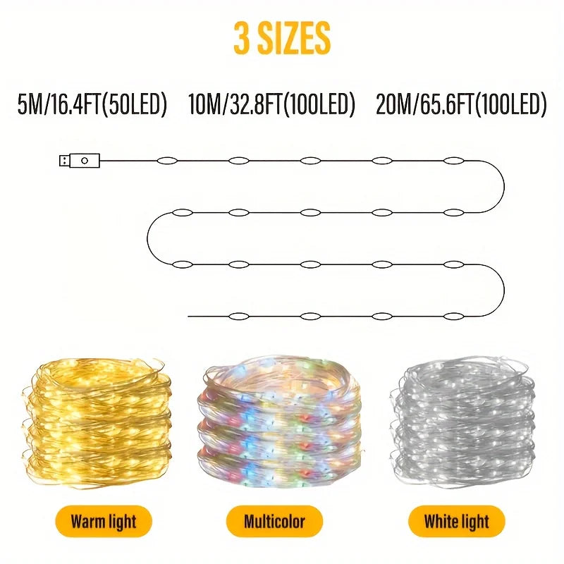USB Copper Wire LED String Lights | 8 Modes, Remote & Timer
