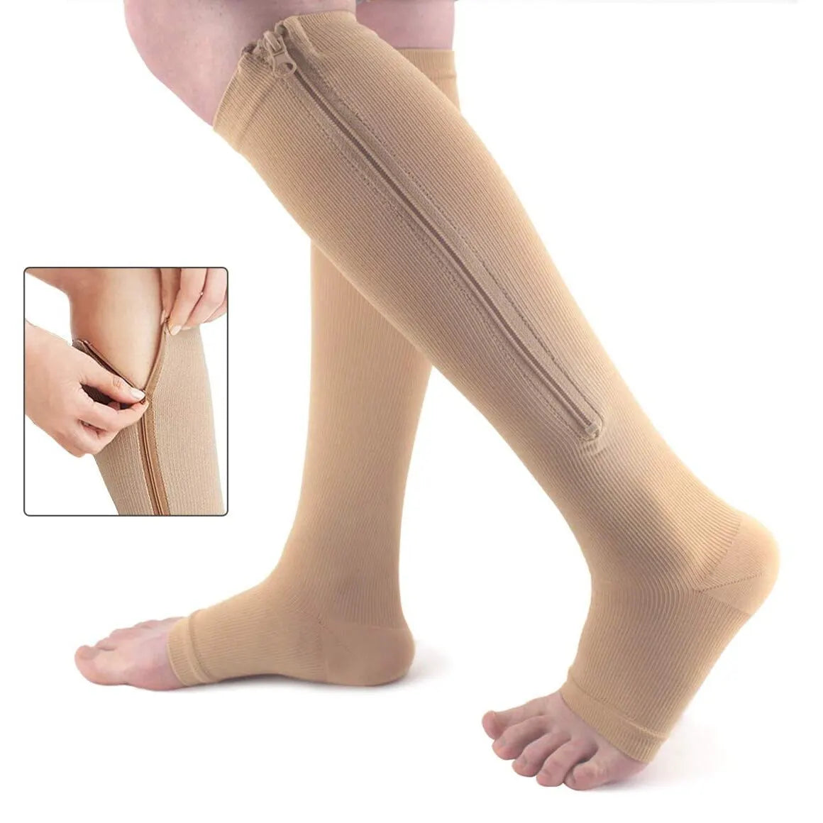 Compression Socks Men Women Support Knee Zipper Female Open Toe Thin Anti Fatigue Stretchy Sox High Socks Unisex Peaceful Pleasures Health and Wellness