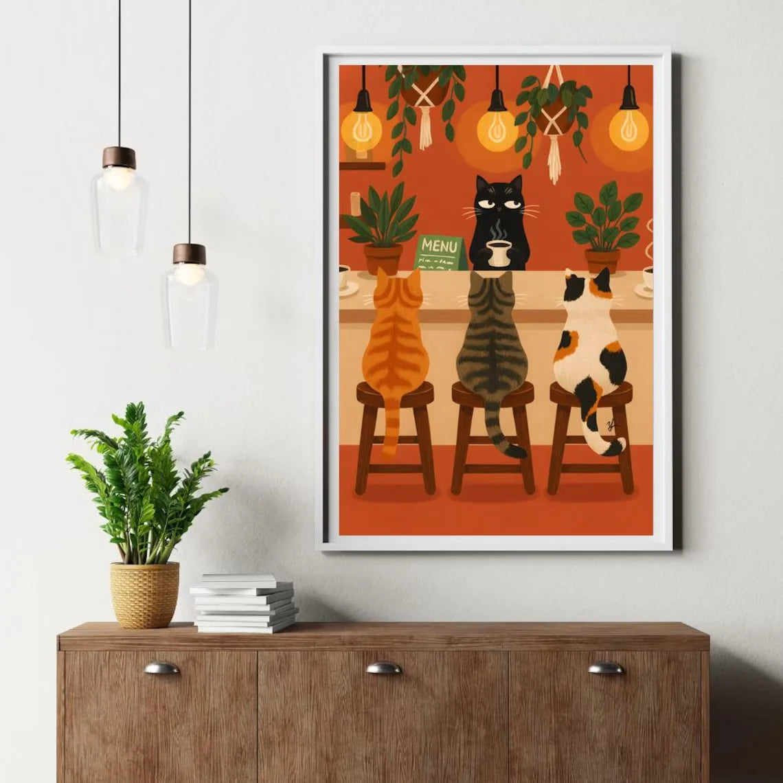 Whimsical Cat Cafe Illustration Poster, Retro Kitchen Wall Art With Tabby, Calico, And Black Barista Cats High Resolution Digita Peaceful Pleasures Health and Wellness