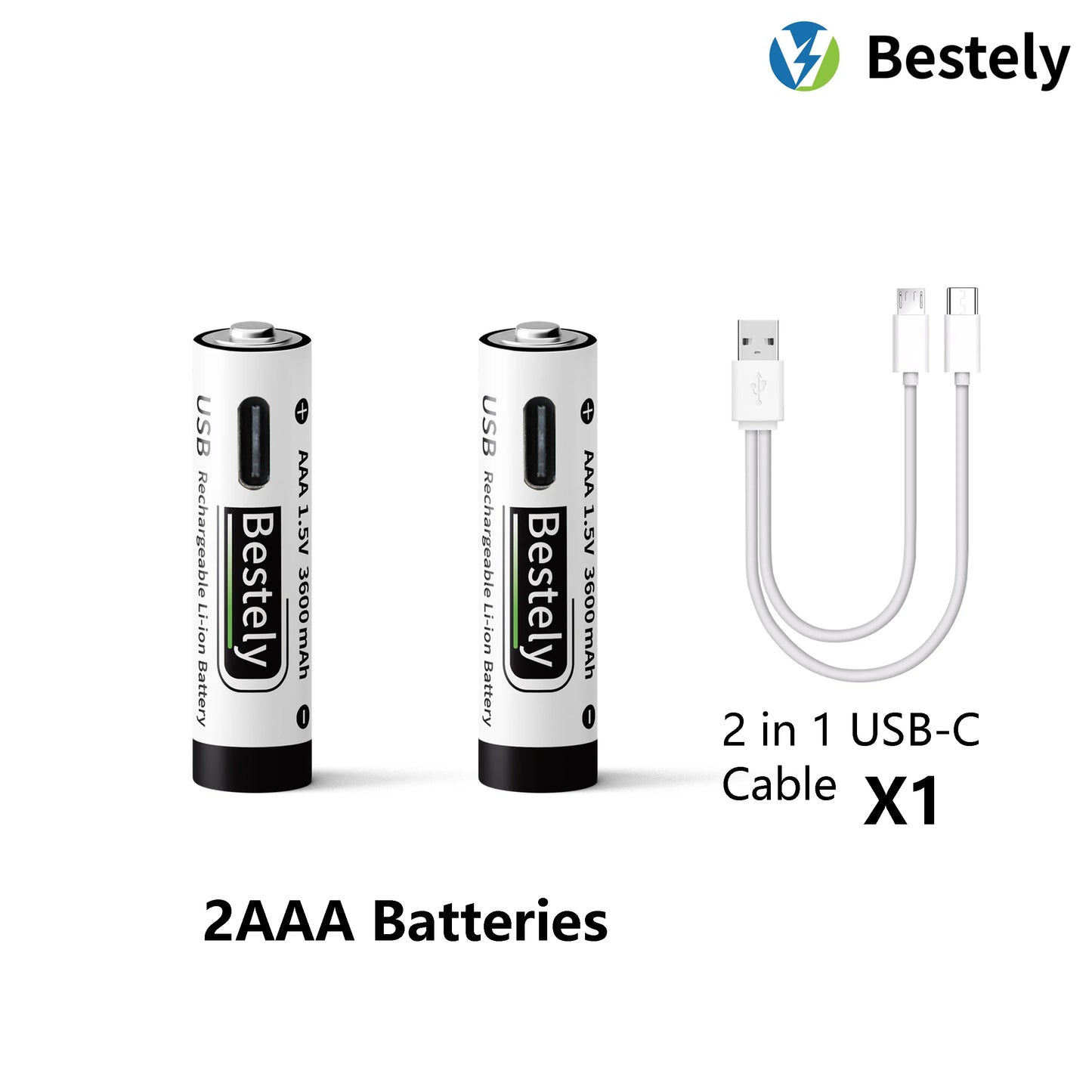 AAA Battery Rechargeable Li-Ion 1.5V 3600mAh 2000 Cycles USB-C Fast Charging Long-Lasting with free USB- C Cable Peaceful Pleasures Health and Wellness 2 pcs Batteries
