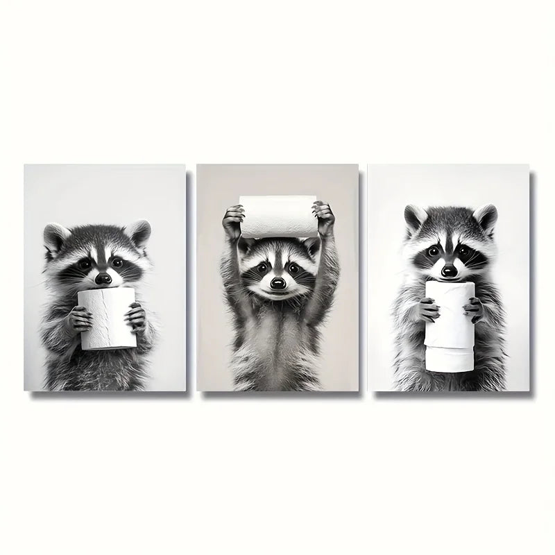 3pcs Art Deco Animal Print Canvas Wall Art - Raccoon with Toilet Paper - Funny Bathroom Decor Posters Frameless Portrait Artwork Peaceful Pleasures Health and Wellness ZLH4007-3pcs 20x30cm No Frame