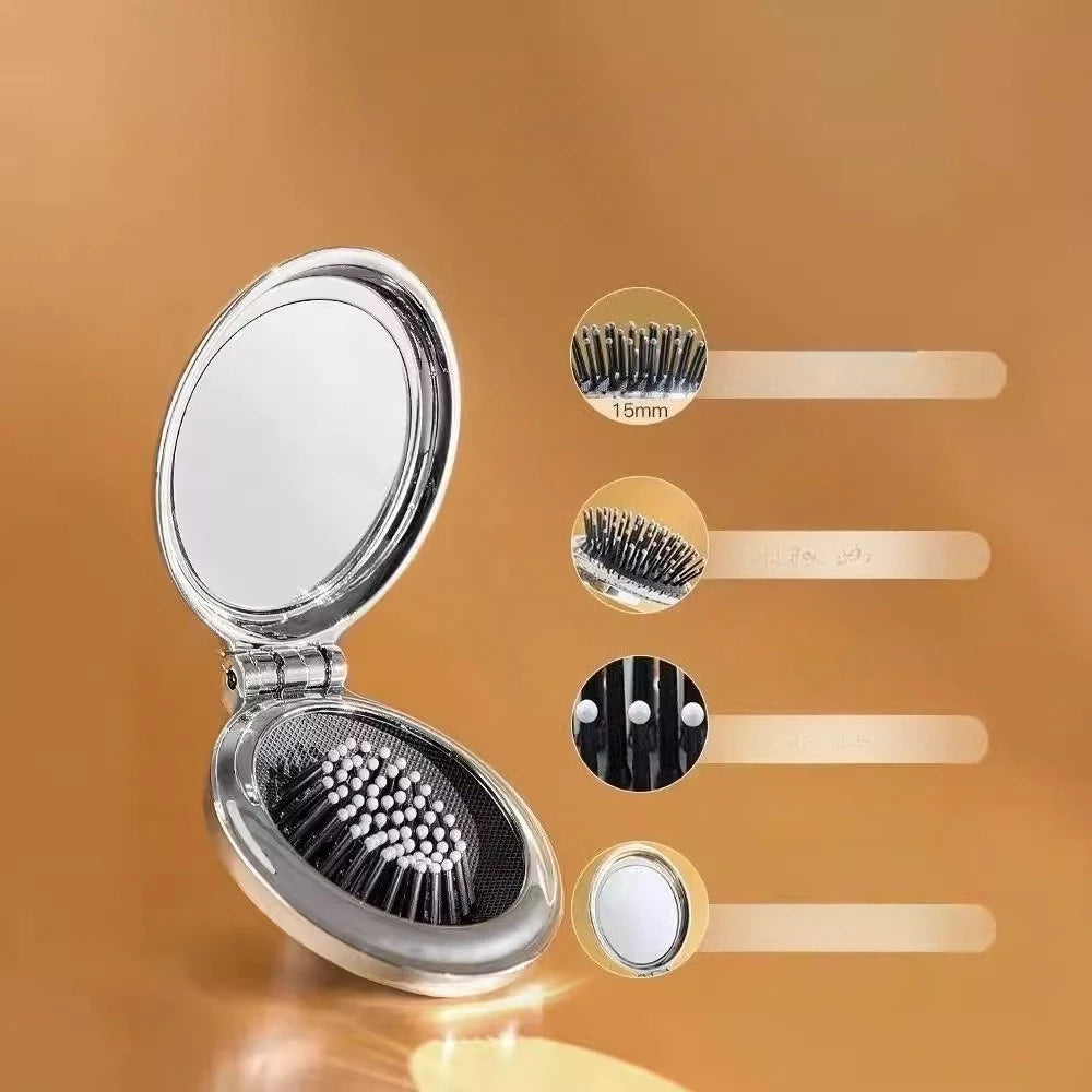 Silver Folding Comb with Mirror | Portable Scalp Massage Brush