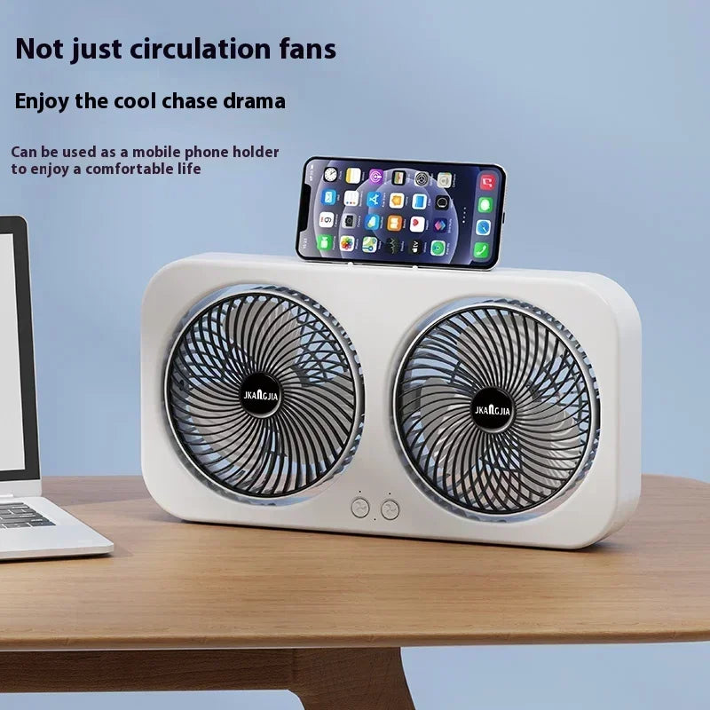Dual Head USB Rechargeable Fan – Wall Mount, Desk & 3 Speeds