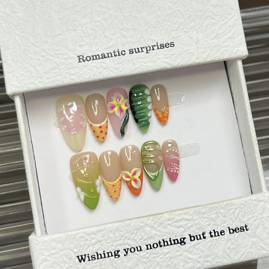 10pcs Handmade Dopamine Press on Nails French Style 3D Tropical Flower Decor Fake Nails Wearable Romantic Almond False Nail Tips Peaceful Pleasures Health and Wellness