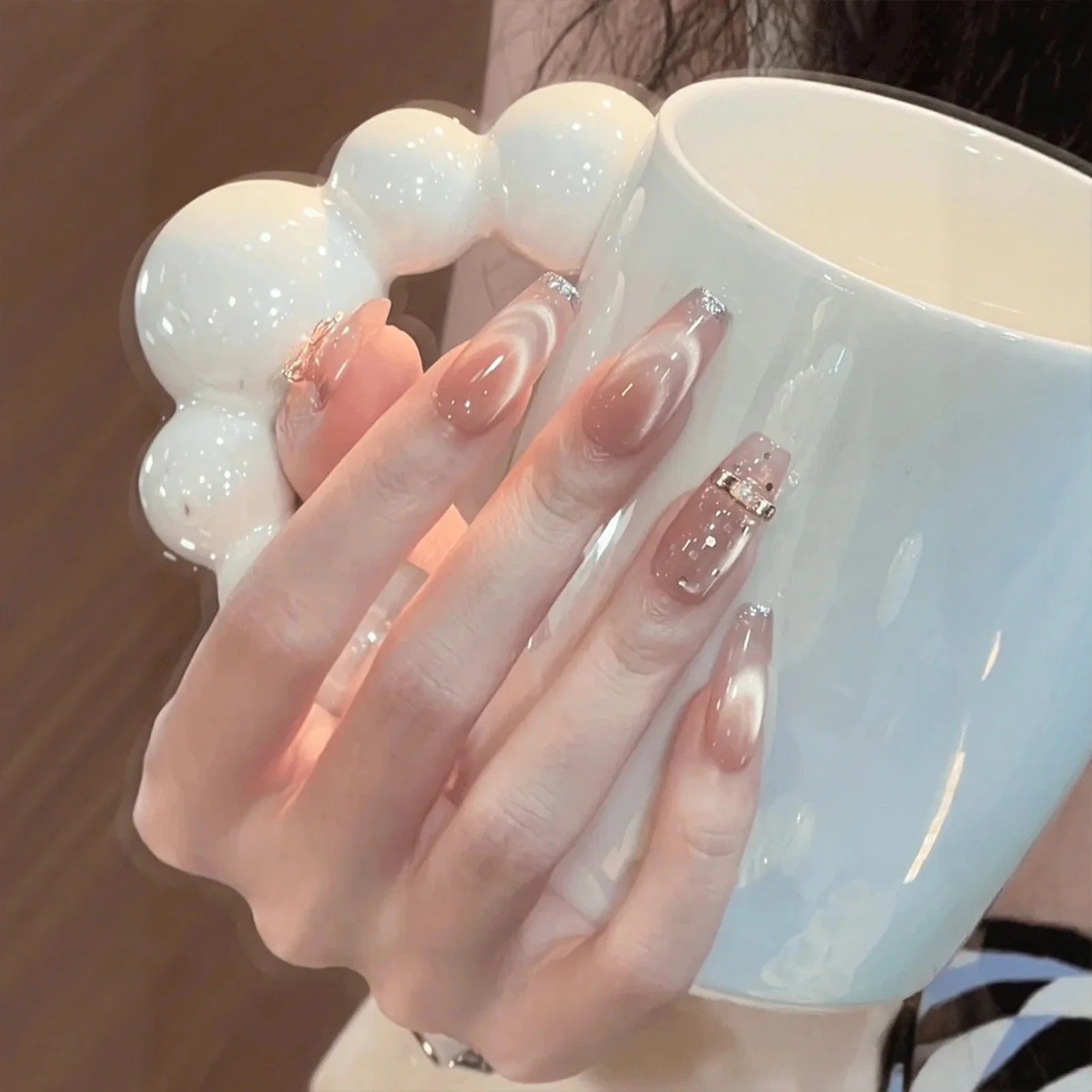 10PCS Handmade Cat's Eye Fake Nails Wearable Glitter French Tip Press on Nails 3D Metal Bow Decor Ballet False Nails Detachable Peaceful Pleasures Health and Wellness