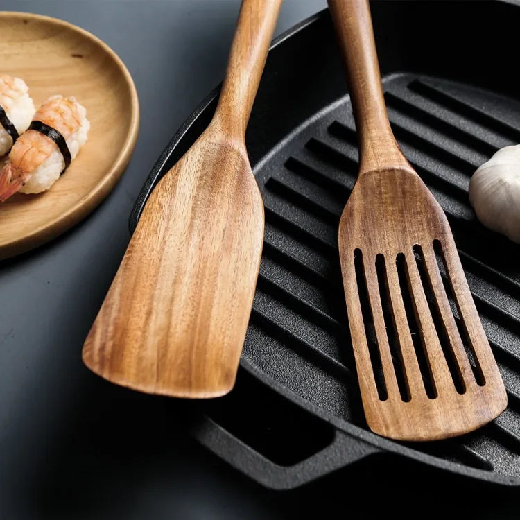 2-Piece Japanese-Style Wooden Spatula & Slotted Shovel Set – Natural Wood Cooking Utensils for Non-Stick Cookware
