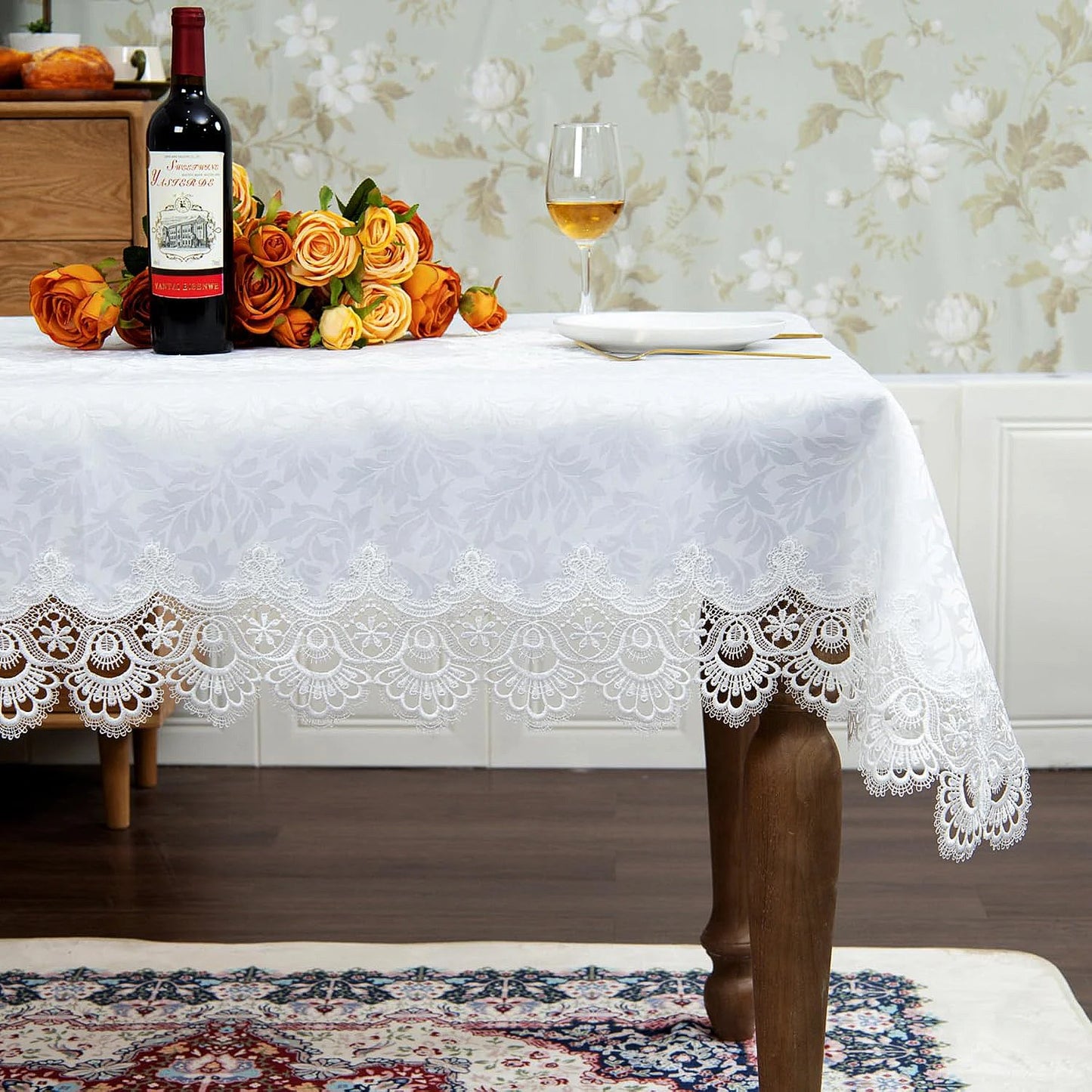 Battilo White Lace Floral Tablecloth | Waterproof Rectangle Cover