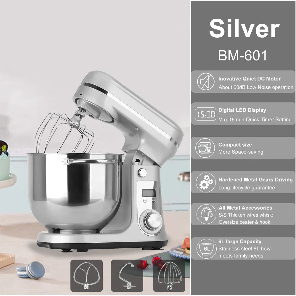 Silver stand mixer with features listed on a gray background