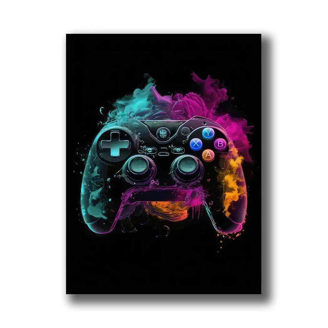 Neon Gaming Canvas Wall Art | Gamepad & Character Poster
