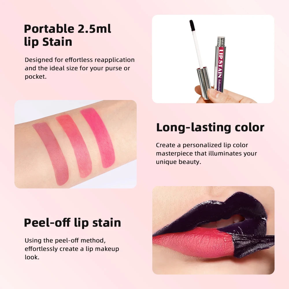 3Color Metallic Lip Stain Peel Off Long Lasting Waterproof Pink Lip Tint Proof Natural No Fading Lip Gloss Cosmetic Women's Gift Peaceful Pleasures Health and Wellness