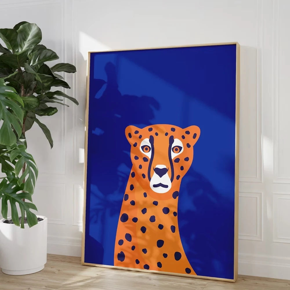 Cheetah Royal Blue Jungle Canvas Wall Art Print | Home Decor