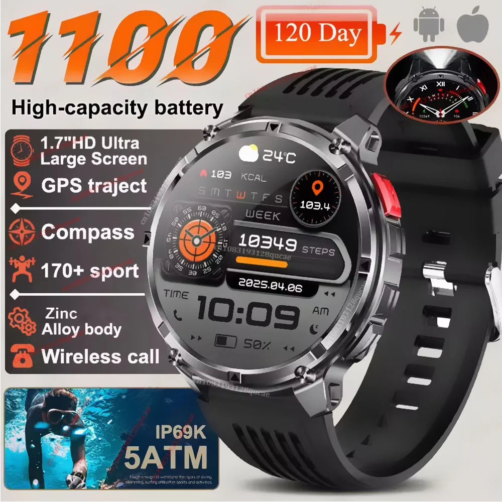 2026 New 1100mAh 1.7 Inch Smart Watch GPS path 5ATM Waterproof Sports Run Hiking Outdoors Compass Flashlight Military Smartwatch Peaceful Pleasures Health and Wellness Black 1100 Mah