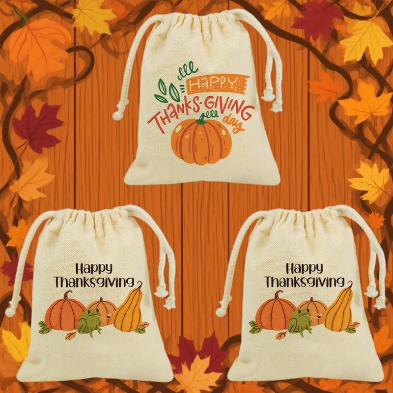 Thanksgiving Pumpkin Drawstring Treat Bags for Kids – 5pcs