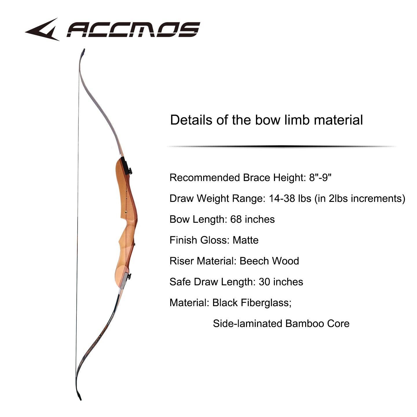 ACCMOS Recurve Bow Wooden 16-40lbs Fiberglass Limbs Outdoor Archery