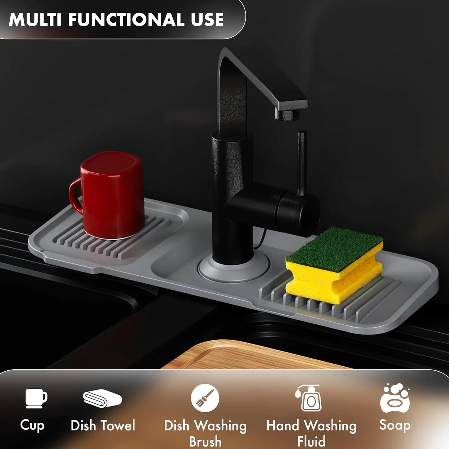14.5/18x5.5 Inch Sink Splash Guard Faucet Handle Drip Catcher Tray Longer Silicone Mat Dish Soap Sponge Holder Bathroom Kitchen Peaceful Pleasures Health and Wellness