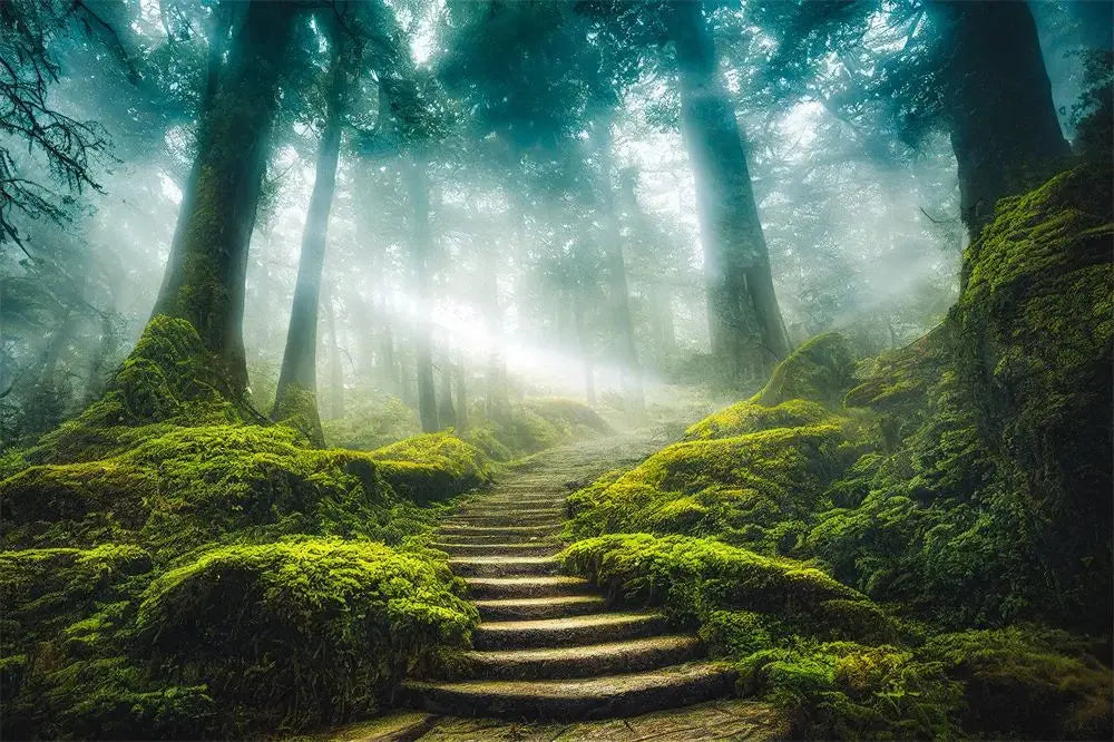 Dark Green Forest Fog Mountain Canvas Wall Art | Nature Poster