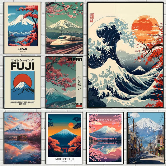 Japanese Mount Fuji Canvas Wall Art | Plum Blossom Wave Poster Canvas Wall Art Peaceful Pleasures Health and Wellness