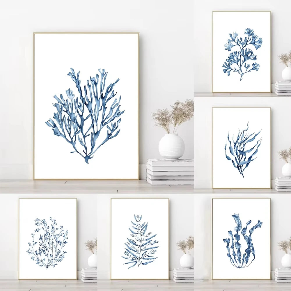 Blue Coral Watercolor Canvas Wall Art | Coastal Seaweed Print Canvas Wall Art Peaceful Pleasures Health and Wellness