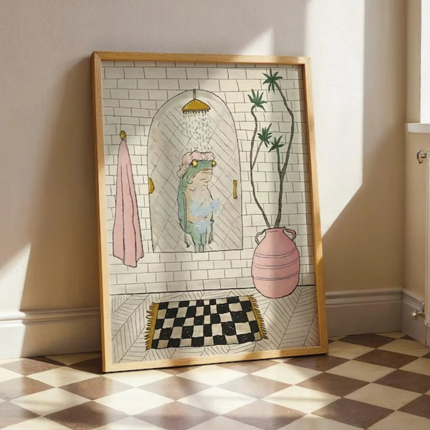 Funny Frog in the Shower Canvas Wall Art | Bathroom Decor