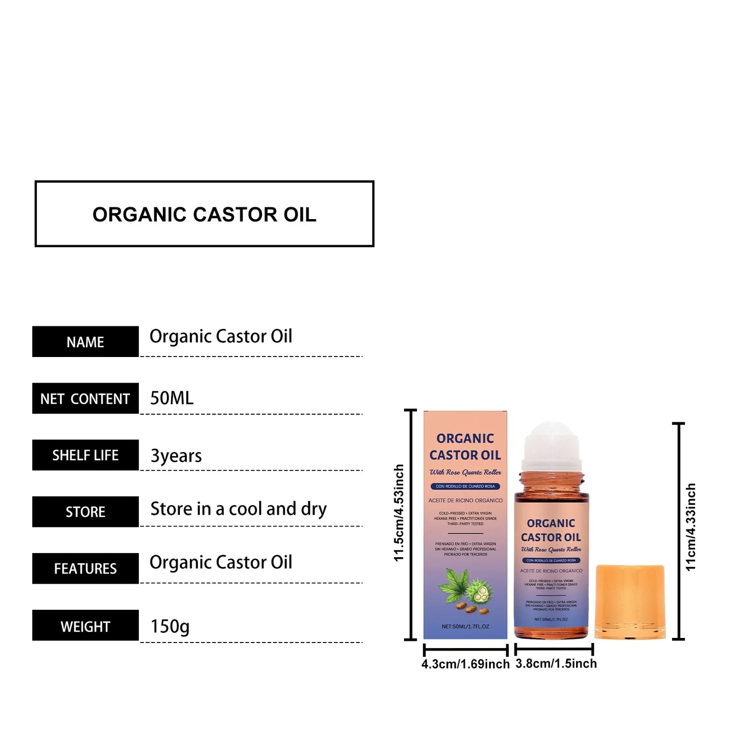 Organic Castor Oil & Rose Quartz Roller | Cold Pressed 50ml