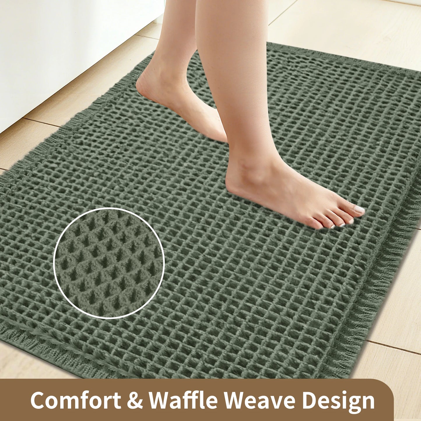 Waffle Bathroom Rugs Boho Bath Rugs Non Slip Washable Absorbent Bath Mats Ultra Soft Shower Mat for Bathroom Floor Tub Carpet Peaceful Pleasures Health and Wellness olive green 43x61CM and 46x77CM