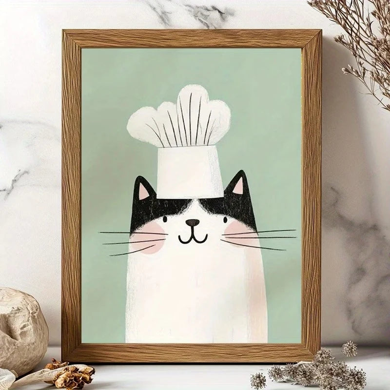 Chef Cat Canvas Wall Art | Bohemian Kitchen Poster Print