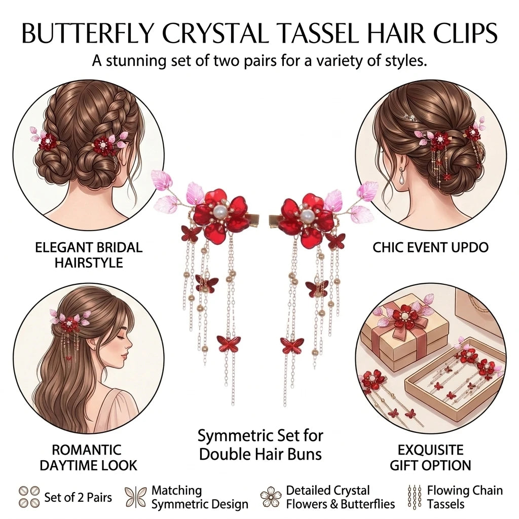 Butterfly Crystal Tassel Hair Clip Symmetrical Double Buns 2 Pairs Alloy Elegant Design for Festival and Daily Use Peaceful Pleasures Health and Wellness