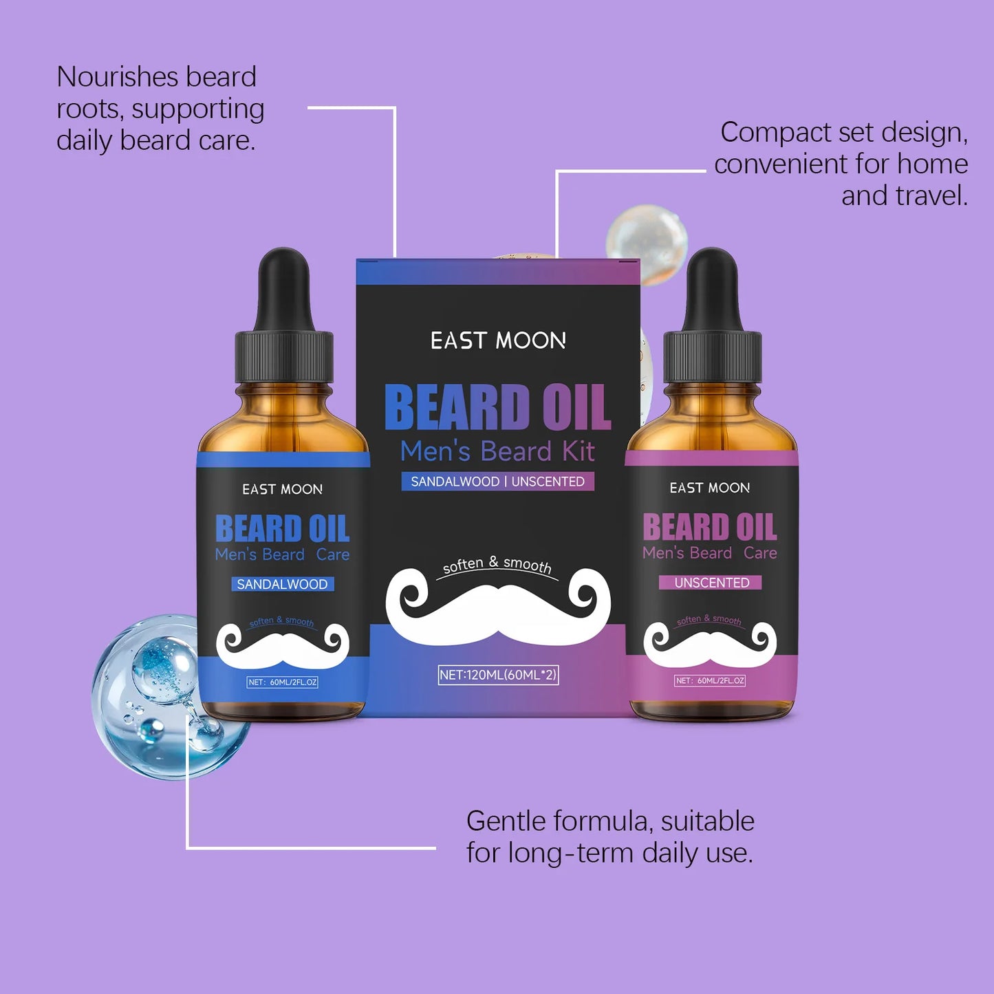 East Moon Beard Oil Set – Nourishing, Non-Greasy Formula | 2×60ml