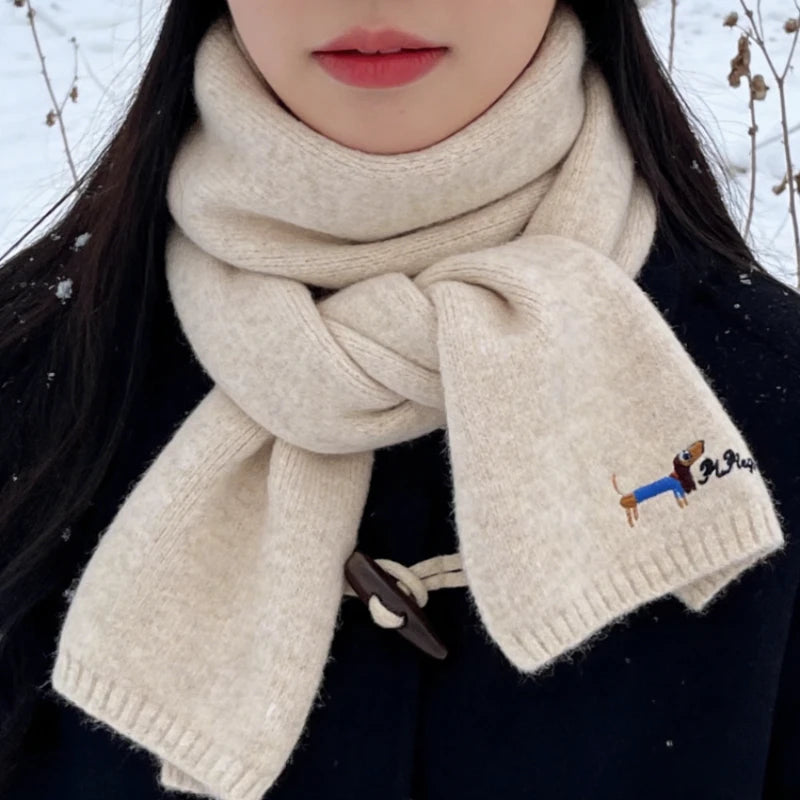 Original Korean Style Embroidered Puppy Solid Color Knitted Scarf Women Autumn Winter Student Neck Warmer Cozy Knit Neck Gaiter Peaceful Pleasures Health and Wellness